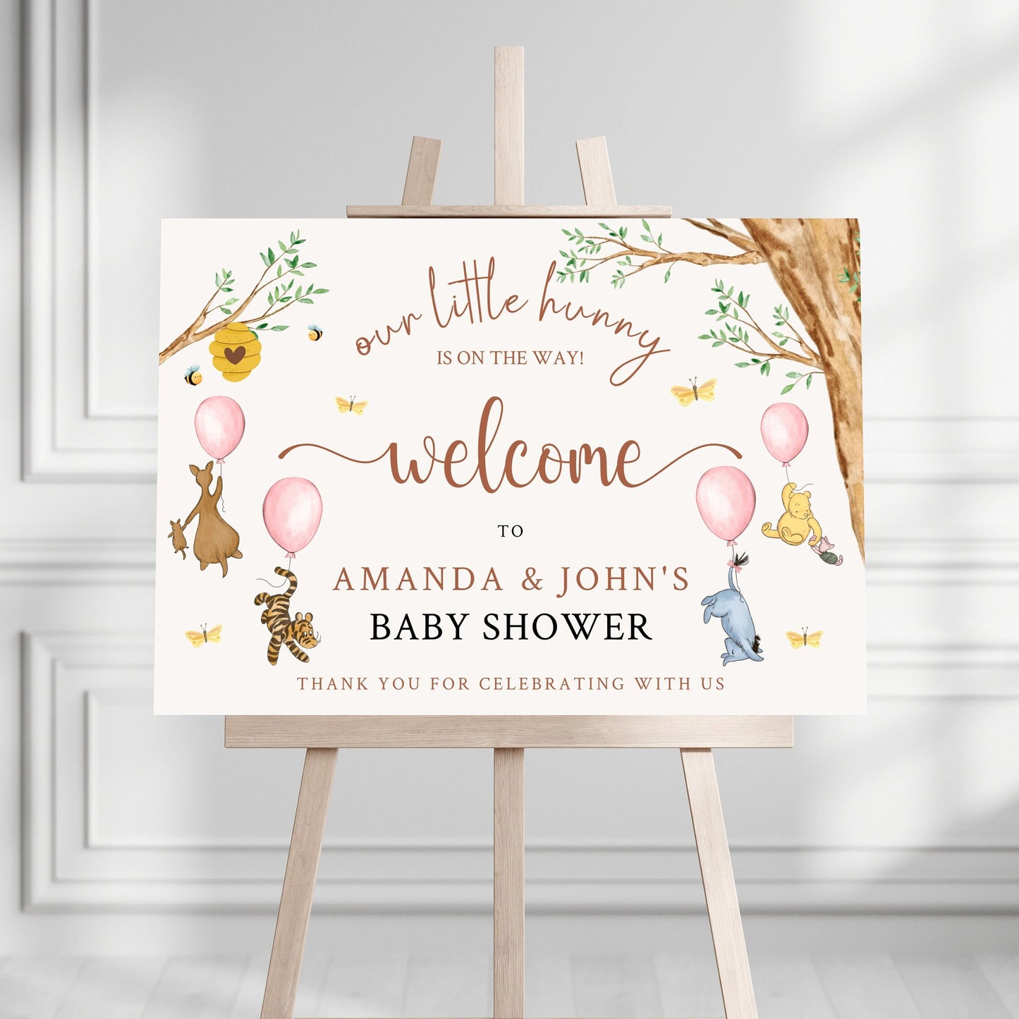 Printed Winnie The Pooh Baby Shower Welcome Sign, Pooh Baby Shower Welcome, Custom Printed Baby Girl Winnie The Pooh Foam Board Welcome Sign
