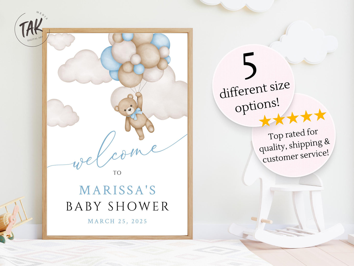Printed We Can Bearly Wait Baby Boy Foam Welcome Sign, Baby Hot Air Balloon Bear, Printed Foam Board, Printable Giant Bear Welcome Sign, Boy