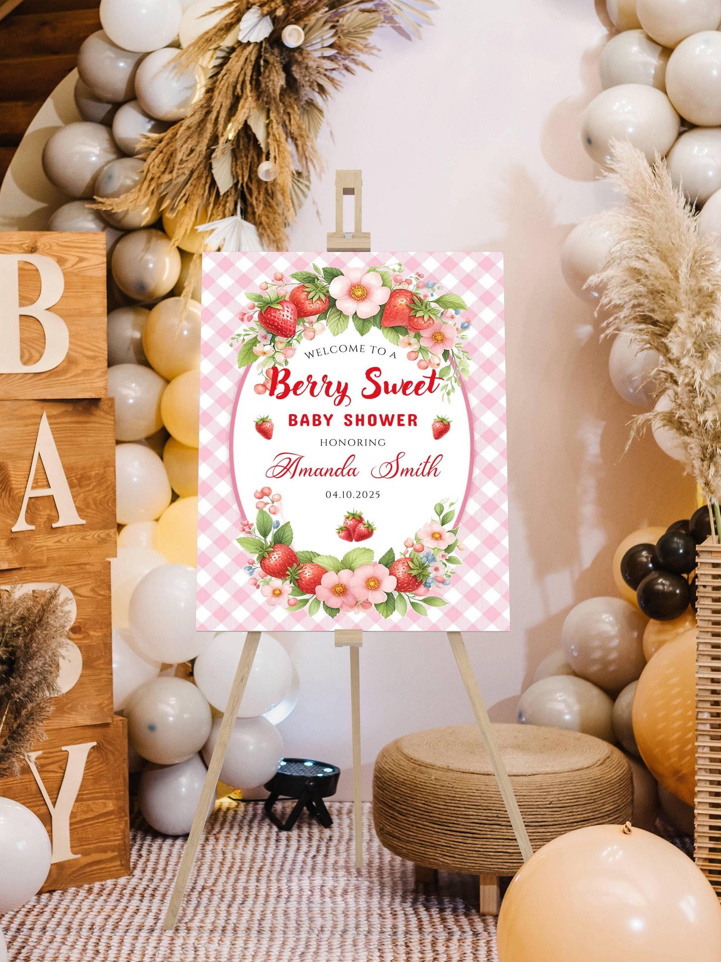 Printed Berry Sweet Baby Shower Foam Board Sign – Strawberry Theme Welcome, Personalized Baby Shower Decor, Girl Baby Shower Decoration