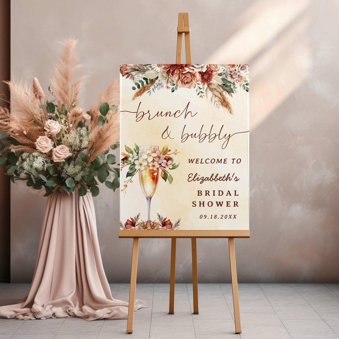 Printed Brunch and Bubbly Bridal Shower Welcome Sign with Fall Florals, Custom Name Champagne Poster, Personalized Foam Board Bridal Decor