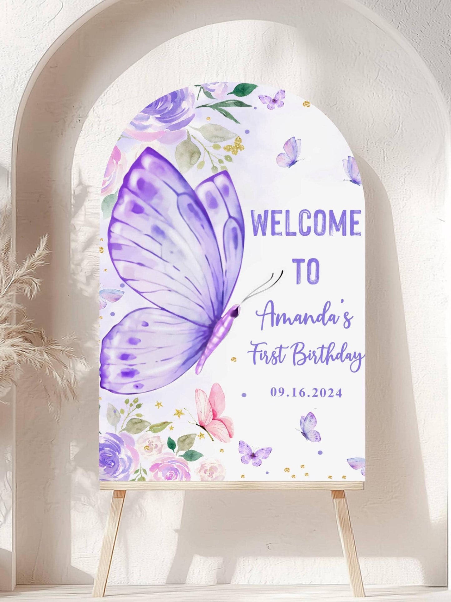 Printed Arch Butterfly First Birthday Sign Foam Board, Purple Floral Welcome Poster, Custom Girl Party Decor, Whimsical Garden Theme Display