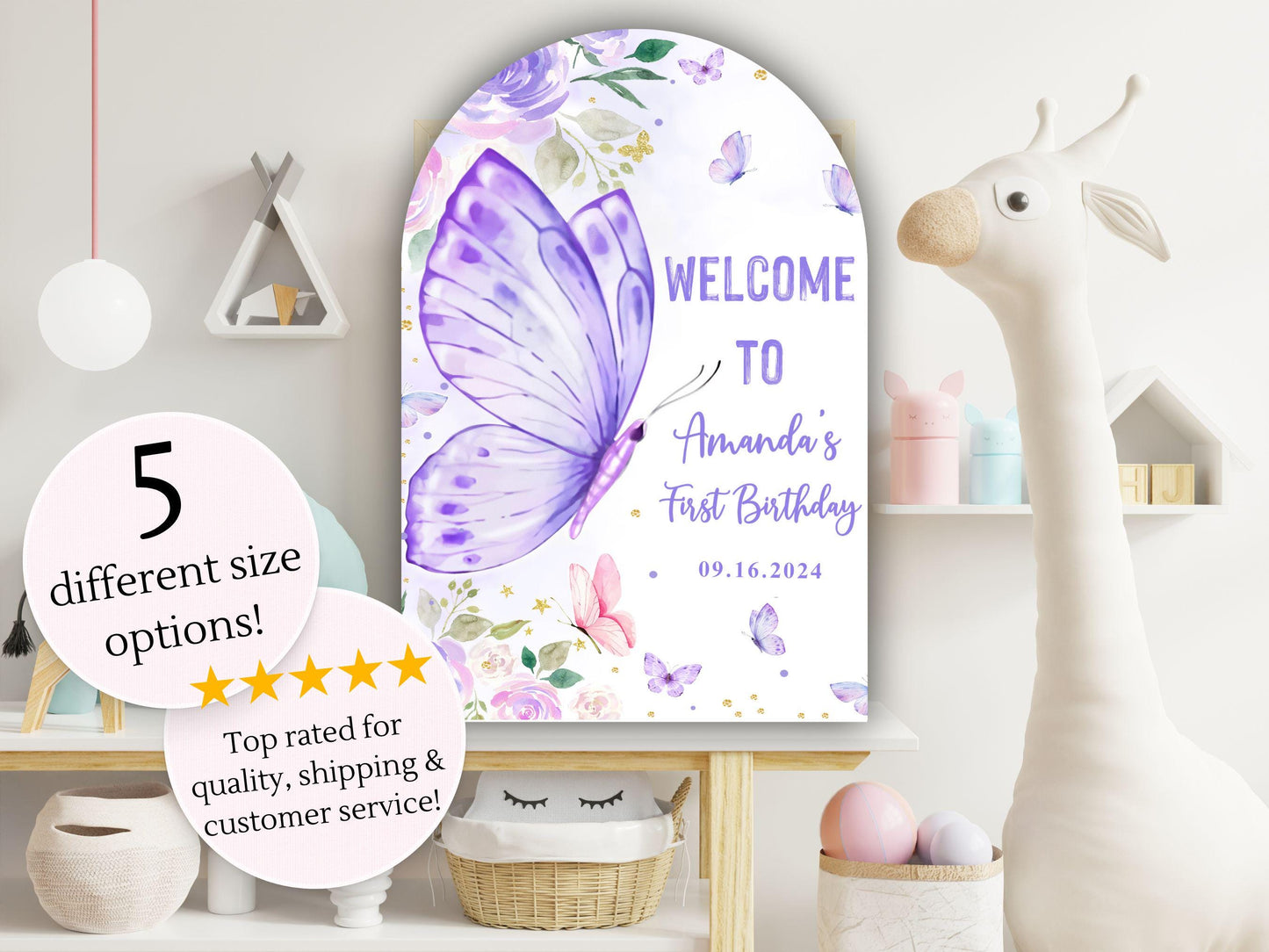 Printed Arch Butterfly First Birthday Sign Foam Board, Purple Floral Welcome Poster, Custom Girl Party Decor, Whimsical Garden Theme Display
