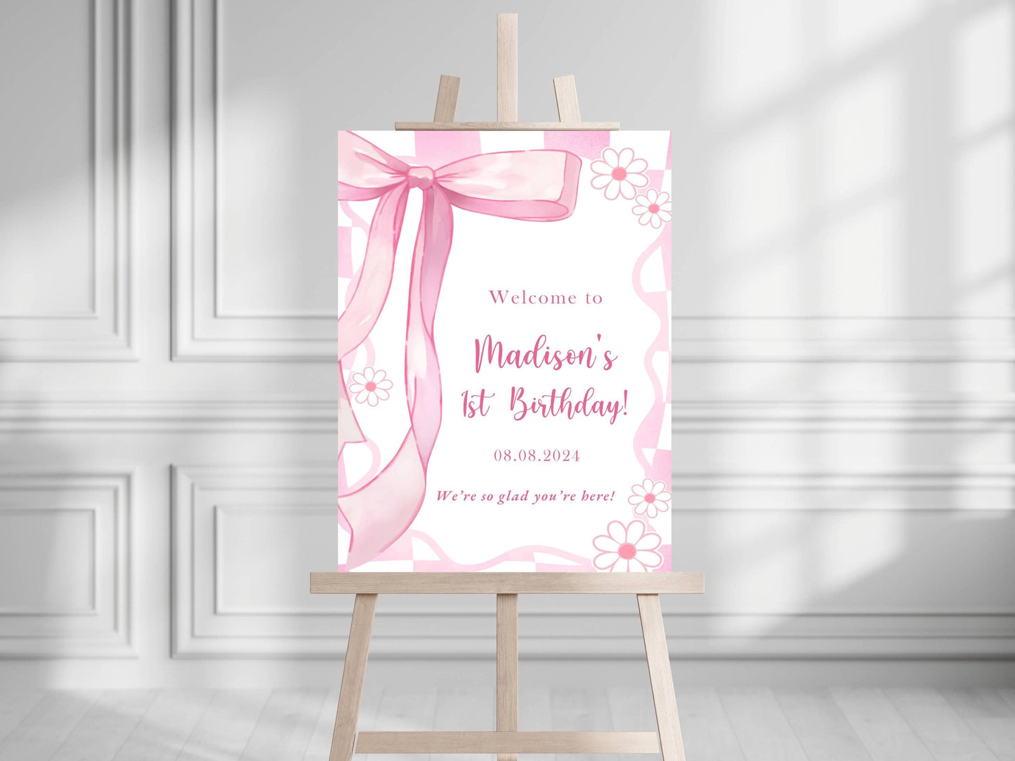 Printed Pink Ribbon 1st Birthday Foam Board Welcome Sign, Girl Party Foam Board, Floral Bow Theme, Personalized Name Poster Birthday Decor