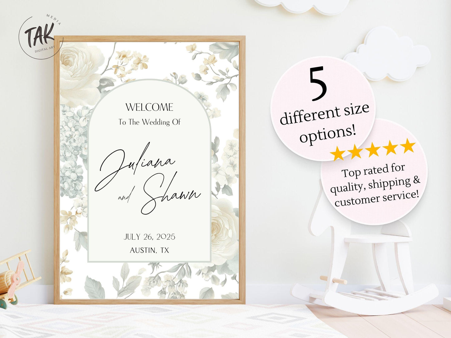 Elegant Wedding Welcome Sign, Custom Acrylic or Foam Board, Personalized Floral Wedding Sign