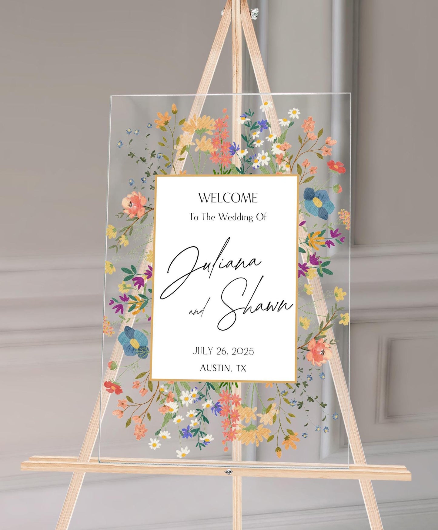 Floral Wedding Welcome Sign – Custom Acrylic or Foam Board Sign, Personalized Elegant Wedding Decor, Modern Ceremony Sign, Name & Date