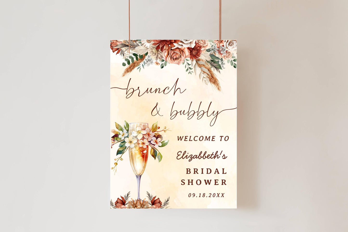 Printed Brunch and Bubbly Bridal Shower Welcome Sign with Fall Florals, Custom Name Champagne Poster, Personalized Foam Board Bridal Decor