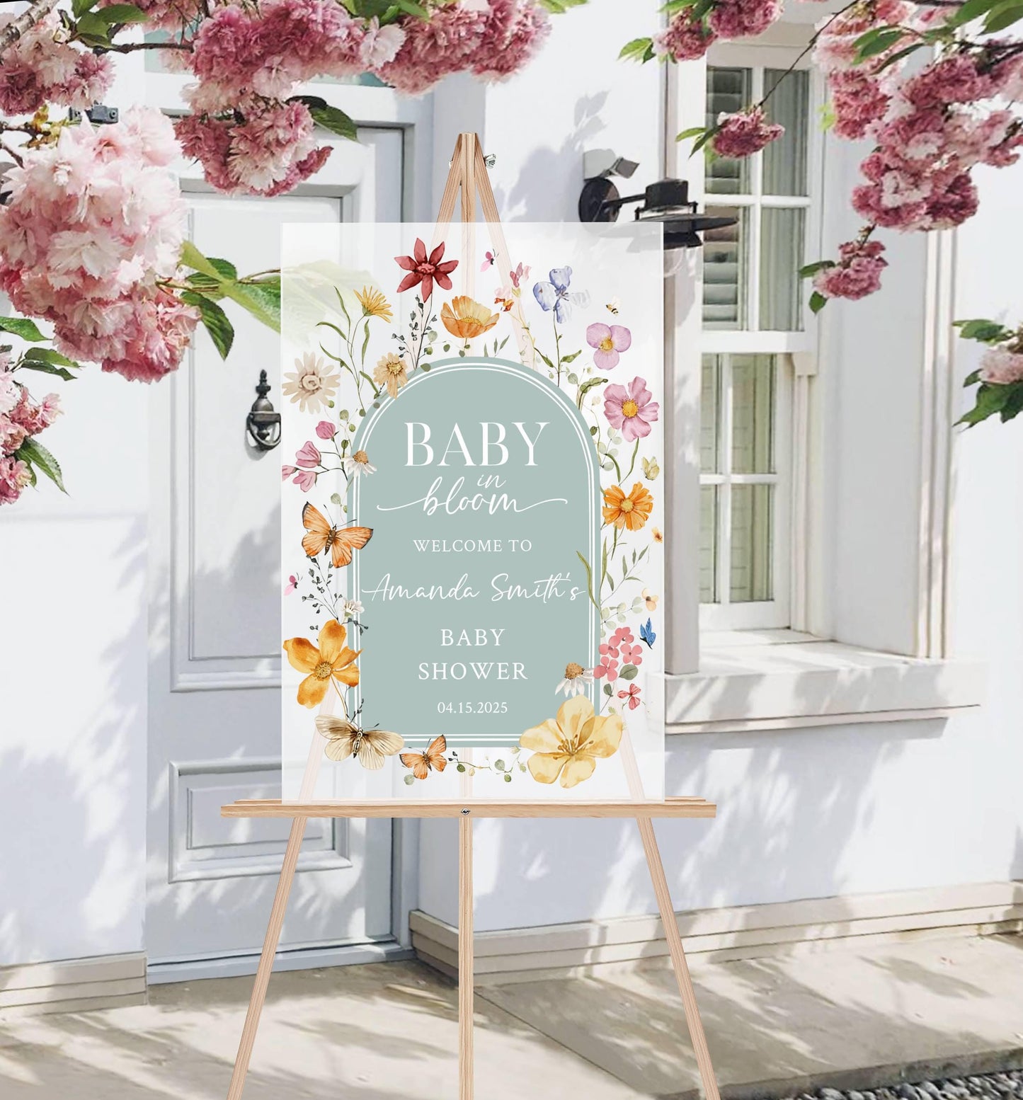Baby in Bloom Acrylic Baby Shower Sign – Personalized Floral Welcome Sign for Baby Shower