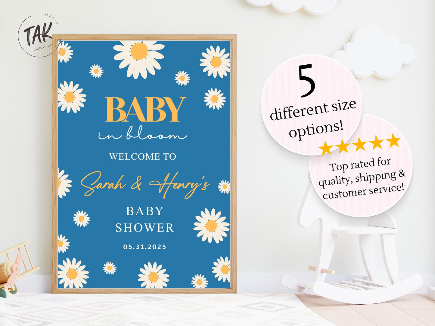 Printed Baby in Bloom Baby Shower Welcome Sign, Blue Floral Shower Welcome, Custom Printed Boy Custom Daisy Foam Board Party Welcome
