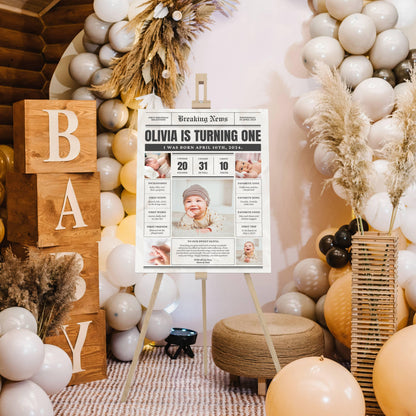 Personalized First Birthday Newspaper Sign – Custom Baby Milestone Foam Board Poster for Girl or Boy, 1st Birthday Party Decor