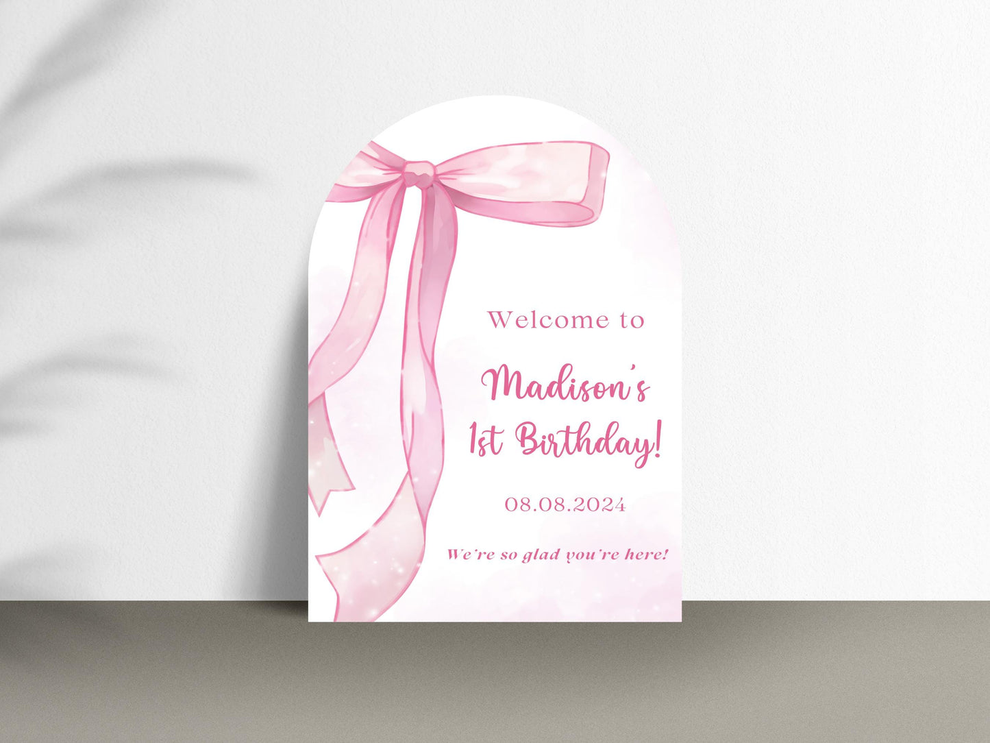 Printed Arch Pink Bow First Birthday Sign Foam Board, Elegant Girl Welcome Sign, Custom Blush Ribbon Party Decor, Printed Shipped Display