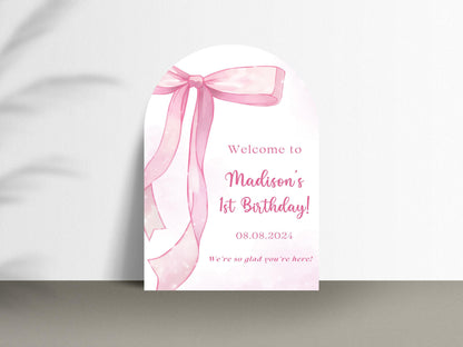 Printed Arch Pink Bow First Birthday Sign Foam Board, Elegant Girl Welcome Sign, Custom Blush Ribbon Party Decor, Printed Shipped Display