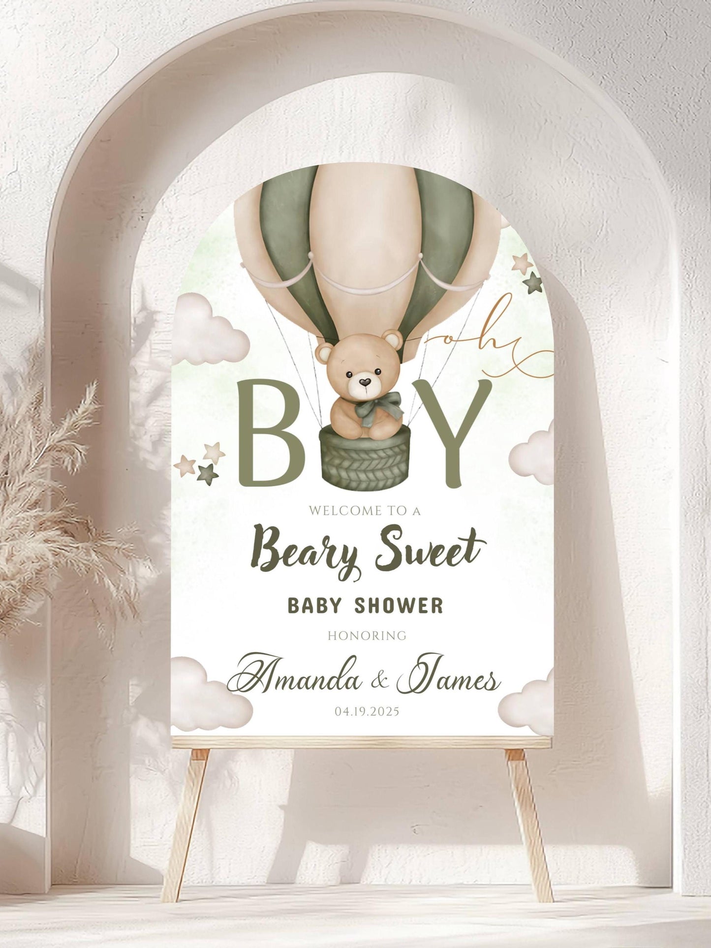 Printed Arch Beary Sweet Baby Shower Welcome Sign for Boy, Teddy Bear Hot Air Balloon Sage Theme, Custom Foam Board, Personal Neutral Decor