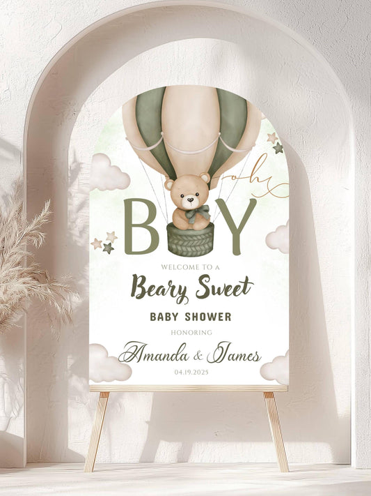 Printed Arch Beary Sweet Baby Shower Welcome Sign for Boy, Teddy Bear Hot Air Balloon Sage Theme, Custom Foam Board, Personal Neutral Decor