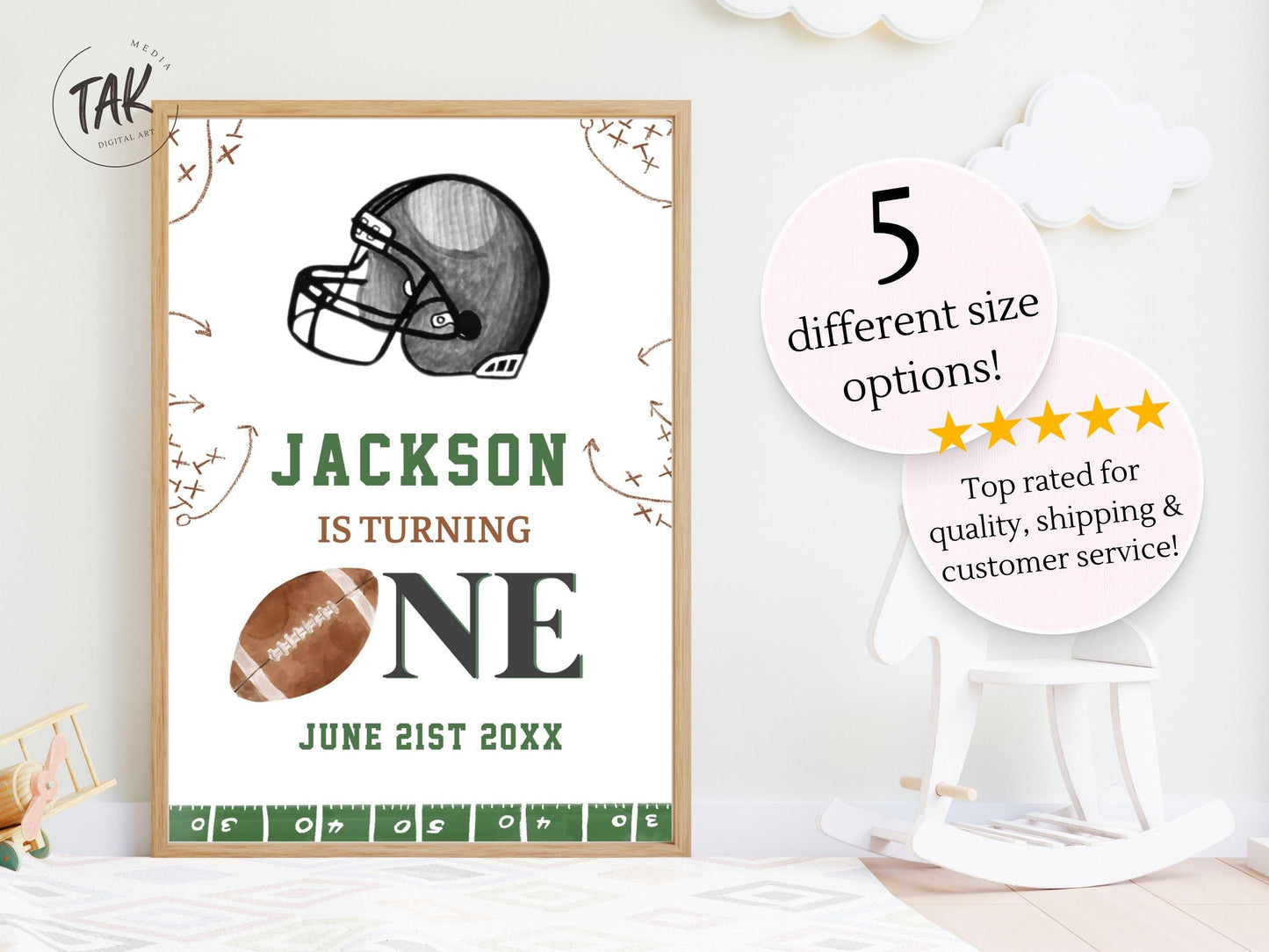 Printed Football First Birthday Welcome Sign, Custom Name Kids Birthday Party Board, Sports Theme Party Foam Board, Boy Party Birthday Decor