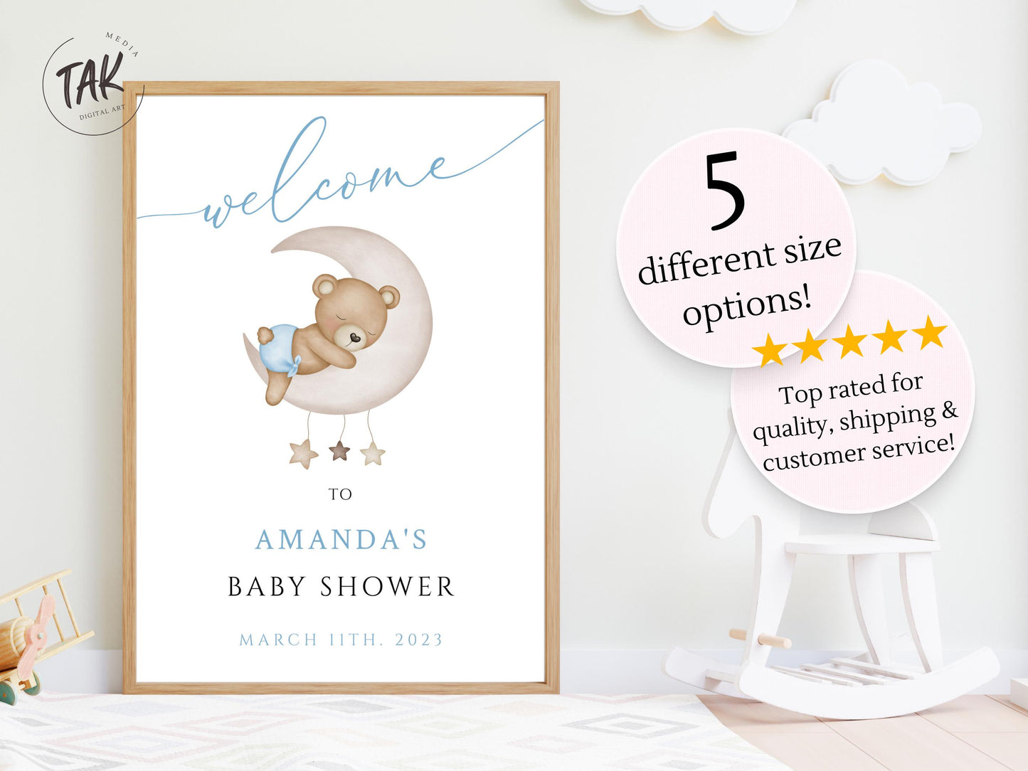 Baby Shower We Can Bearly Wait Boy Foam Welcome Sign, Baby Boy Sleeping Bear