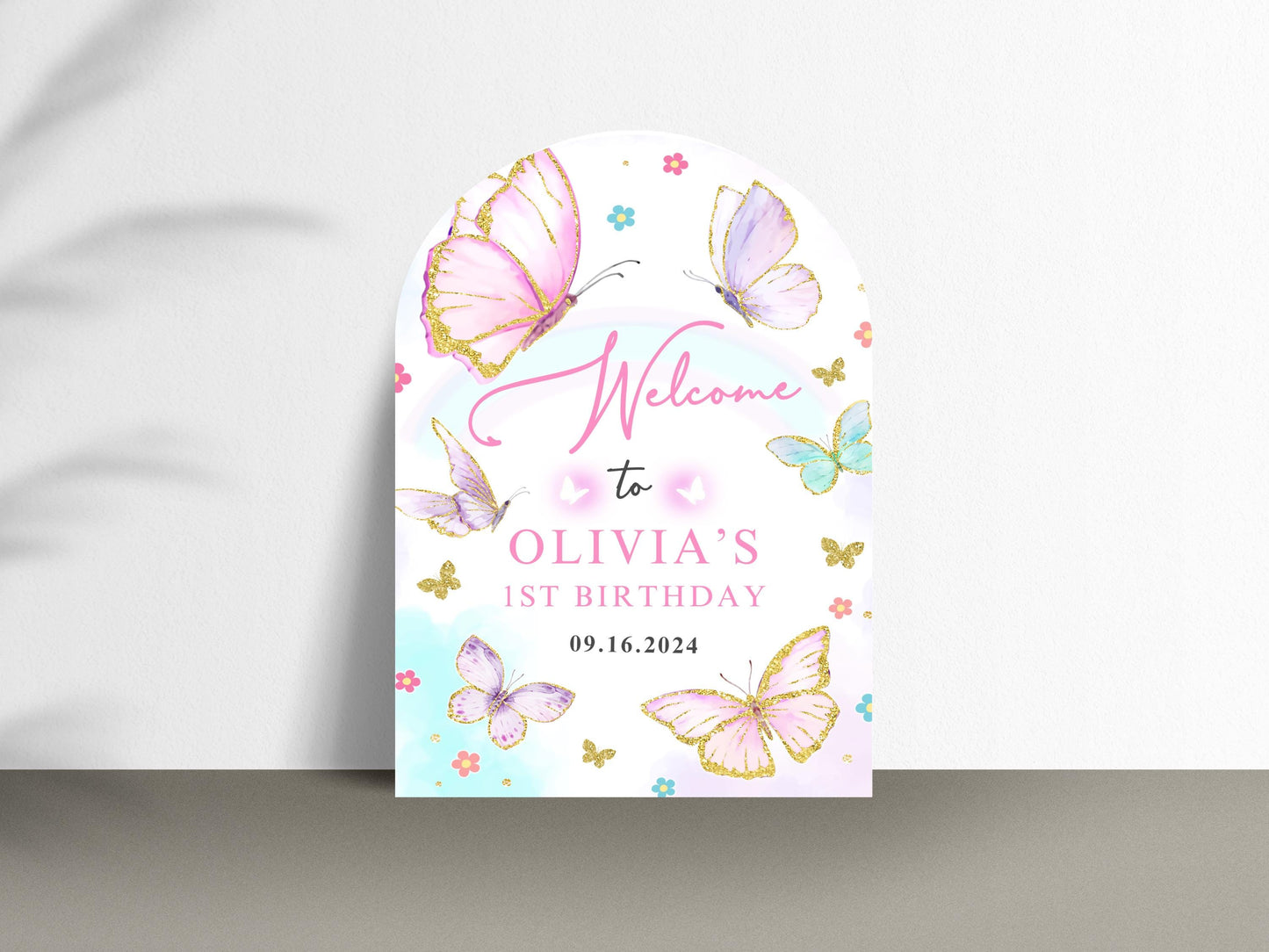 Printed Arch Butterfly 1st Birthday Welcome Sign Foam Board Party Decor, Pink Purple Gold Glitter, Girl First Birthday Poster, Custom Board