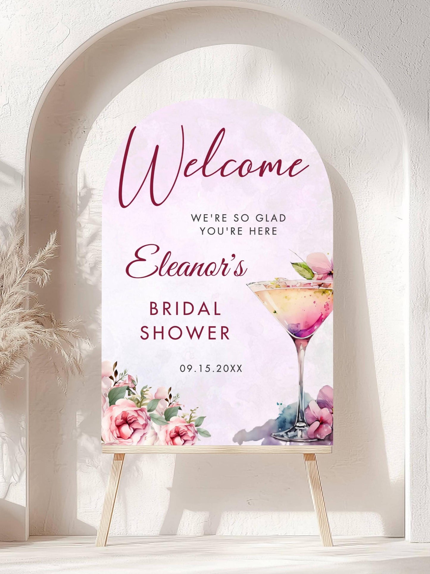 Printed Arch Bridal Shower Welcome Sign Cocktail and Florals, Custom Bridal Foam Board, Blush Pink Brunch Party Decor Poster, Bridal Brunch
