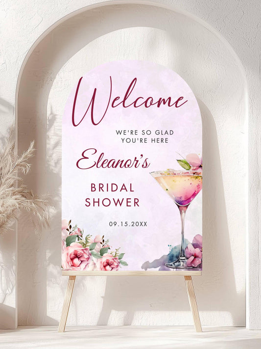 Printed Arch Bridal Shower Welcome Sign Cocktail and Florals, Custom Bridal Foam Board, Blush Pink Brunch Party Decor Poster, Bridal Brunch