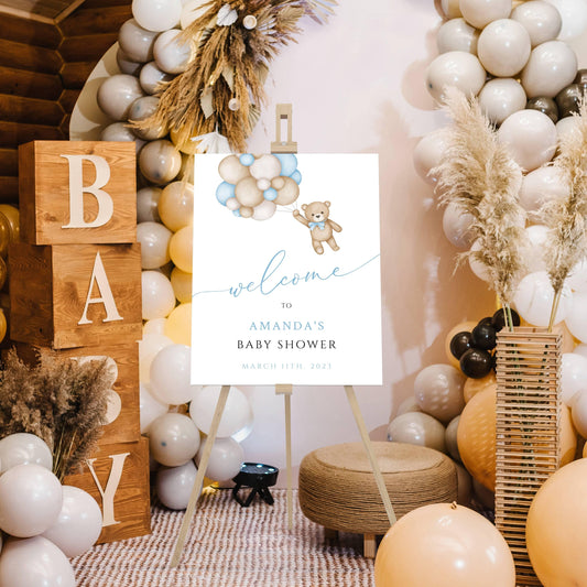 Printed Baby Shower We Can Bearly Wait Baby Boy Foam Welcome Sign, Baby Balloon Bear, Printed Foam Board, Printable Giant Bear Welcome Sign
