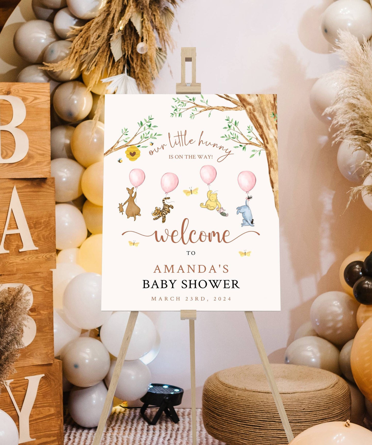 Printed Winnie The Pooh Baby Shower Welcome Sign, Pooh Baby Shower Welcome, Custom Printed Baby Girl Winnie The Pooh Foam Board Welcome Sign
