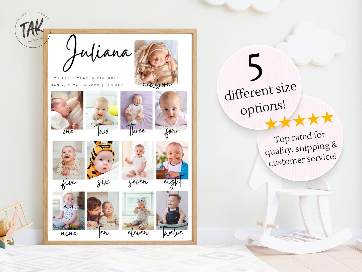 Printed First Year Photo Collage Foam Board Sign, Custom Baby Milestone Birthday Sign, Monthly Baby Photos Display, Personalized Party Decor