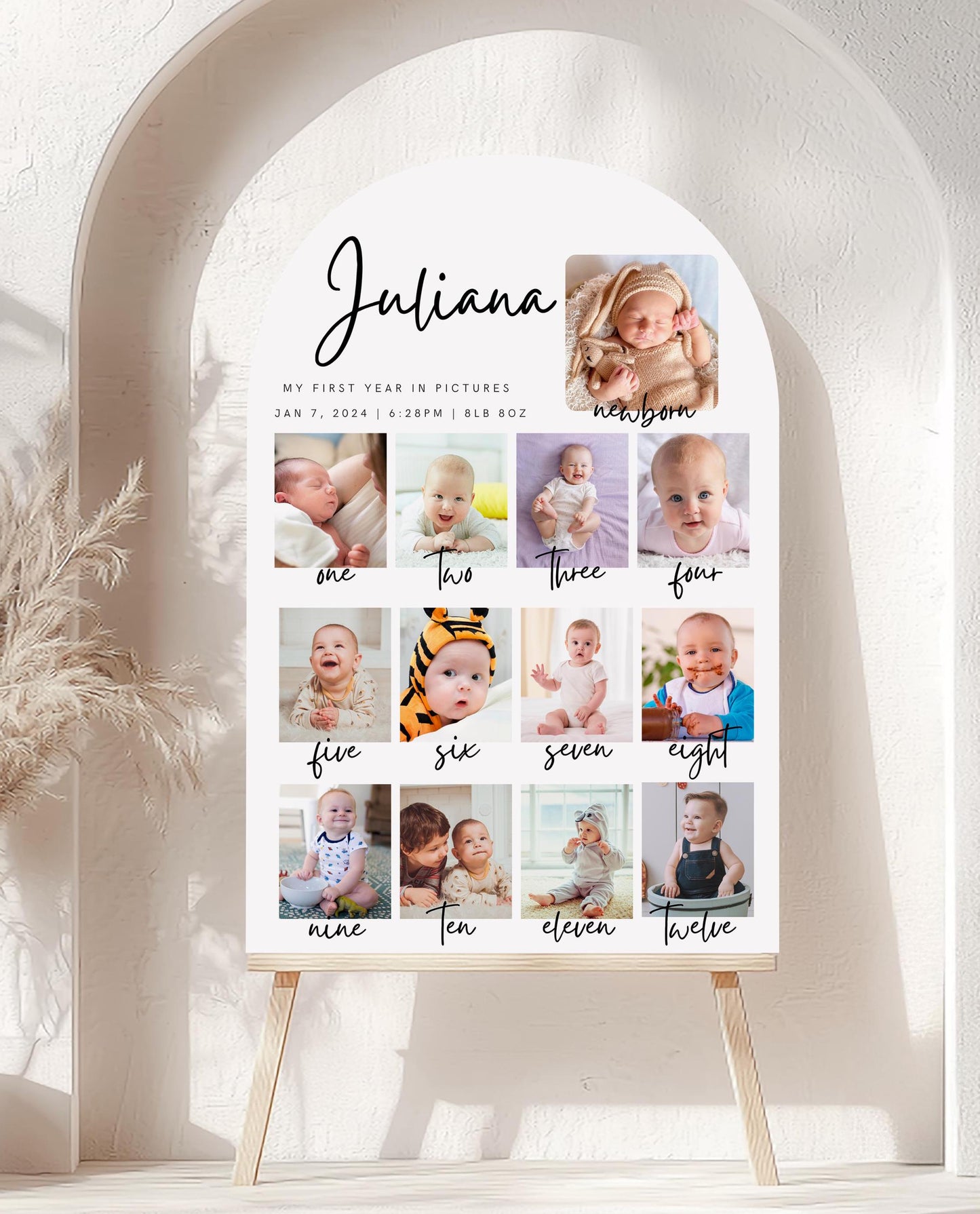Printed First Year Photo Collage Foam Board Sign, Custom Baby Milestone Birthday Sign, Monthly Baby Photos Display, Personalized Party Decor