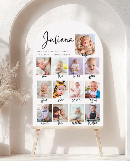 Printed First Year Photo Collage Foam Board Sign, Custom Baby Milestone Birthday Sign, Monthly Baby Photos Display, Personalized Party Decor