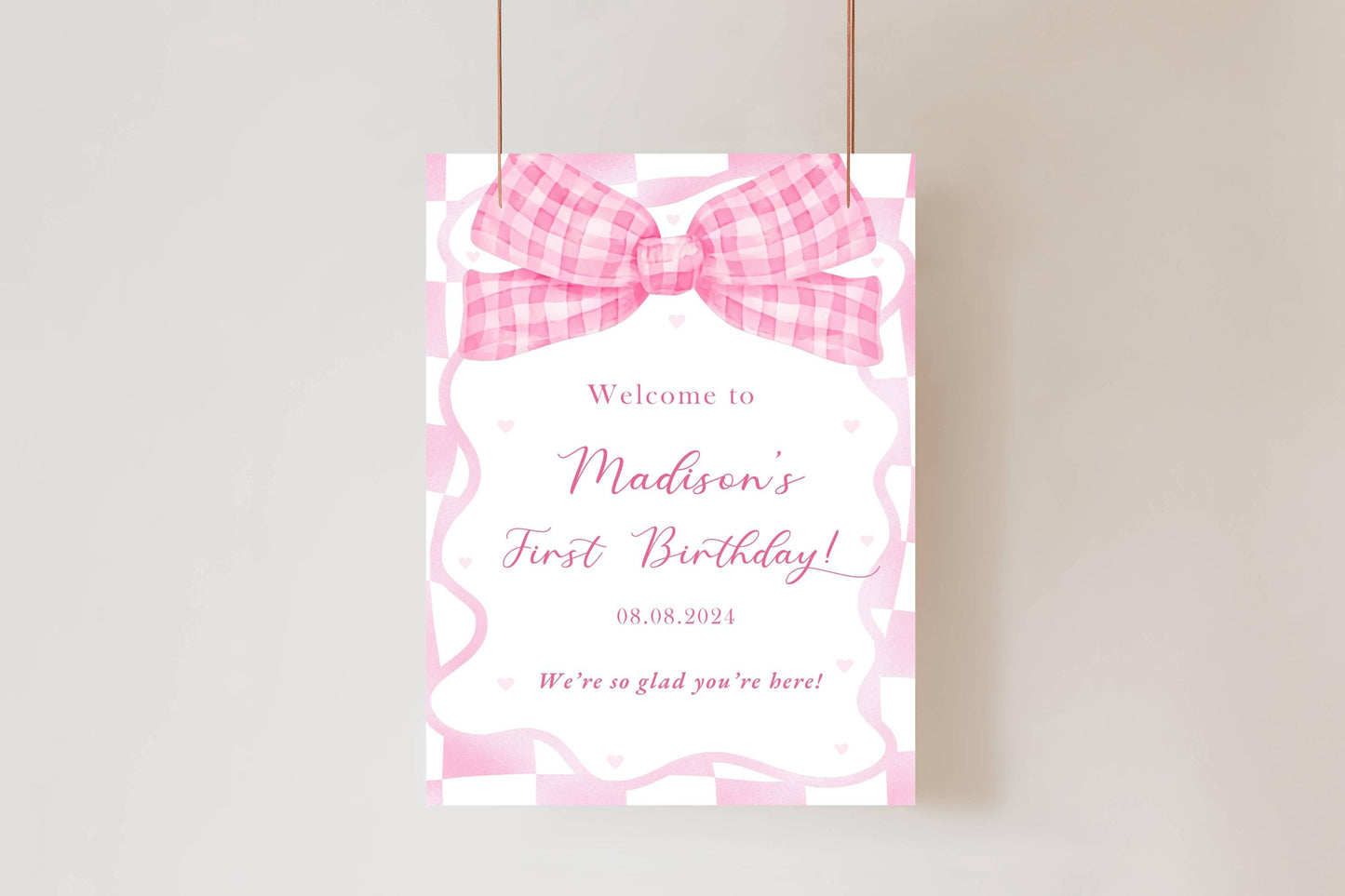 Printed Pink Ribbon 1st Birthday Foam Board Welcome Sign, Girl Party Foam Board, Floral Bow Theme, Personalized Name Poster Birthday Decor