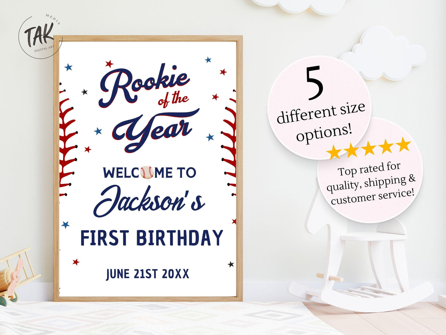 Printed Baseball Rookie of the Year 1st Birthday Welcome Sign, Custom Foam Board Birthday Decor, Boy First Birthday Sports Theme Custom Sign