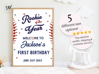 Printed Baseball Rookie of the Year 1st Birthday Welcome Sign, Custom Foam Board Birthday Decor, Boy First Birthday Sports Theme Custom Sign