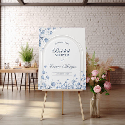 Printed Elegant Blue Floral Bridal Shower Sign, Custom Foam Board Welcome Poster, Personalized Bridal Decor, Foam Board Wedding Shower Sign