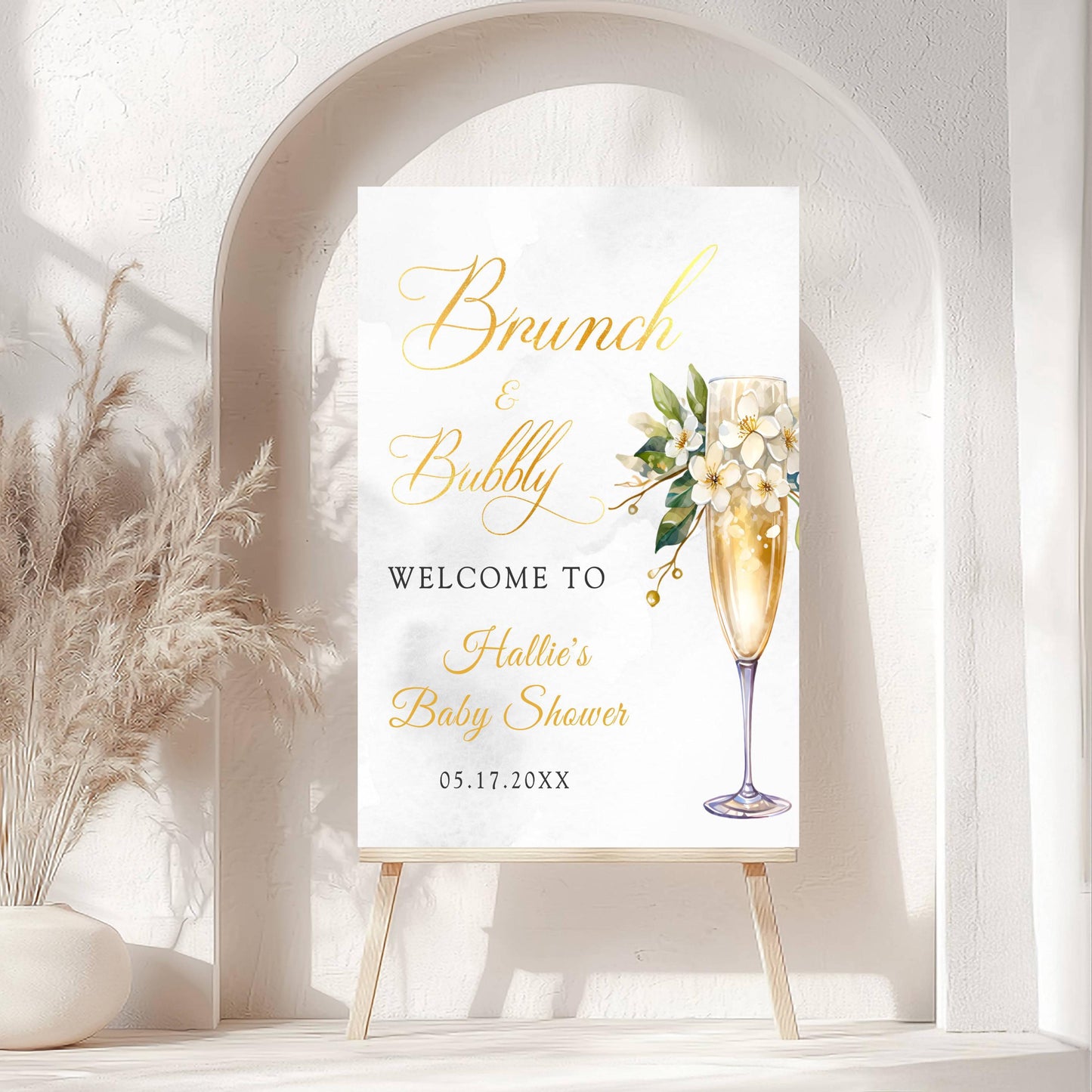 Printed Brunch and Bubbly Baby Shower Welcome Sign with Champagne Glass & Florals, Custom Foam Board for Mom, Elegant Gold Decor Poster