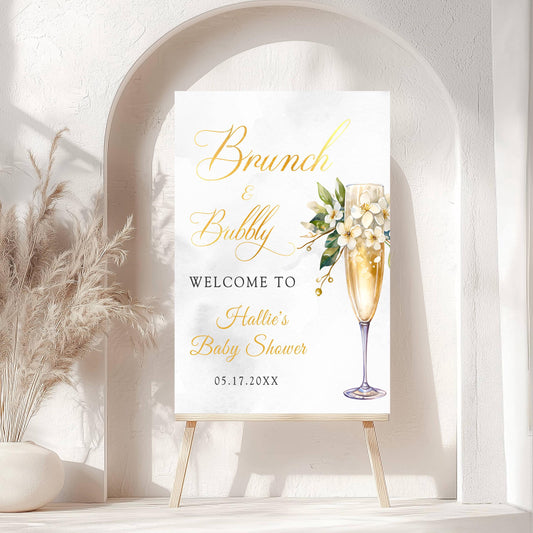 Printed Brunch and Bubbly Baby Shower Welcome Sign with Champagne Glass & Florals, Custom Foam Board for Mom, Elegant Gold Decor Poster