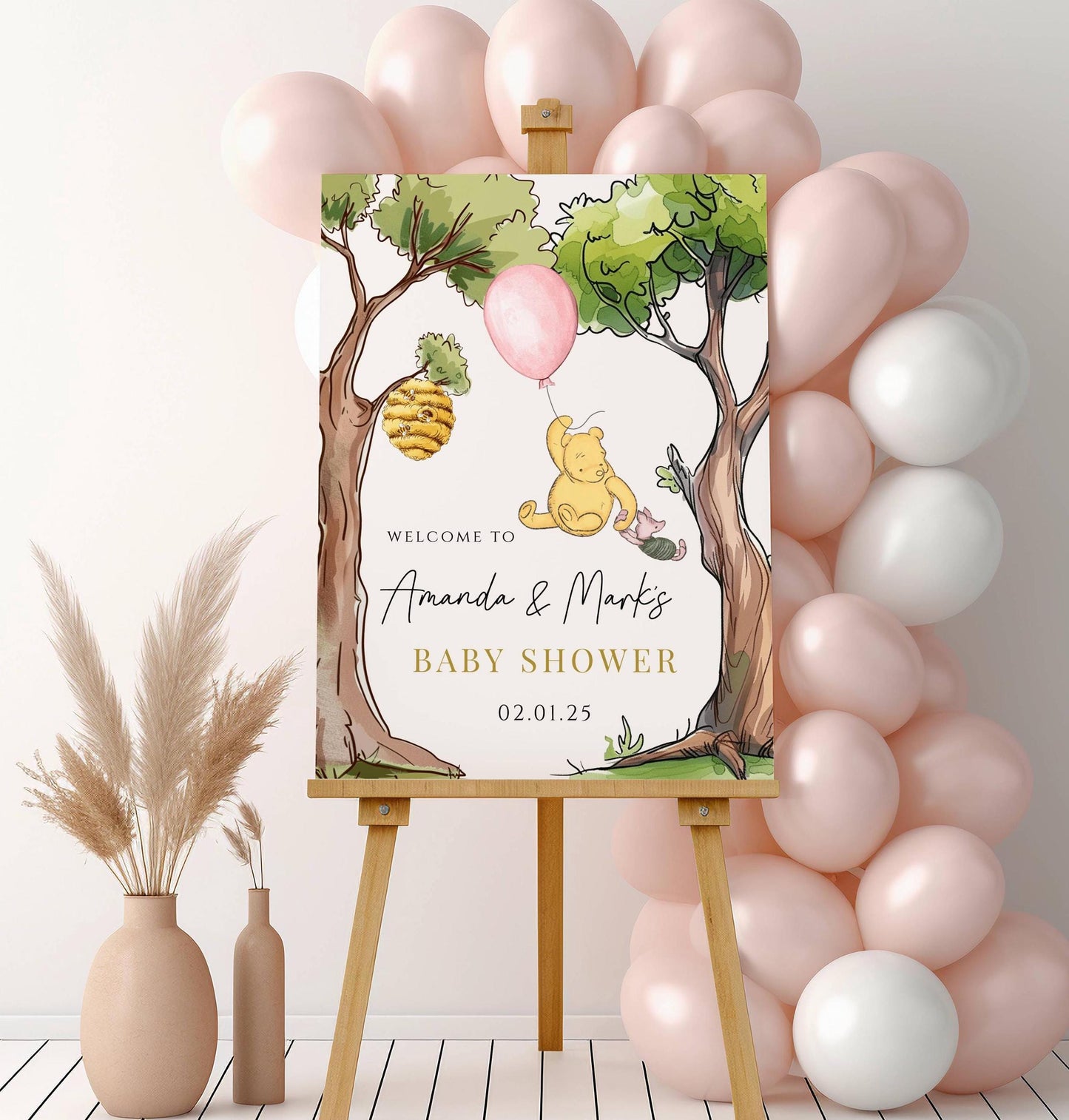 Printed Winnie The Pooh Baby Shower Welcome Sign, Pooh Baby Shower Welcome, Custom Printed Baby Girl Winnie The Pooh Foam Board Welcome Sign