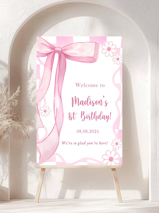 Printed Pink Ribbon 1st Birthday Foam Board Welcome Sign, Girl Party Foam Board, Floral Bow Theme, Personalized Name Poster Birthday Decor
