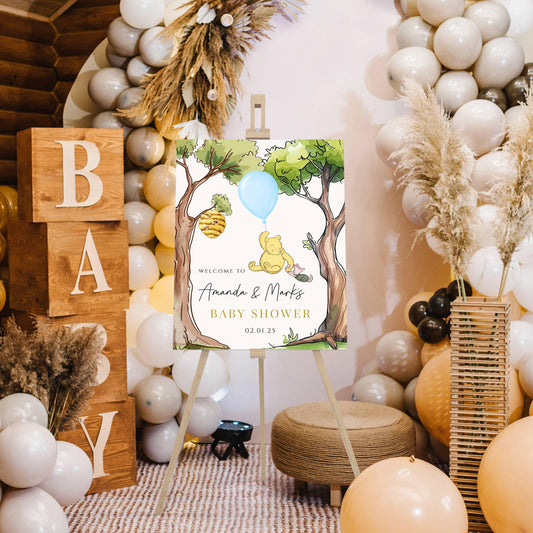 Printed Winnie The Pooh Baby Shower Welcome Sign, Custom Pooh Baby Shower Welcome, Printed Baby Boy Winnie The Pooh Foam Board Welcome Sign