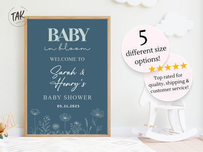 Printed Blue Baby in Bloom Baby Shower Welcome Sign with Wildflowers, Custom Name Foam Board, Modern Blue Baby Boy Decor, Personalized Sign