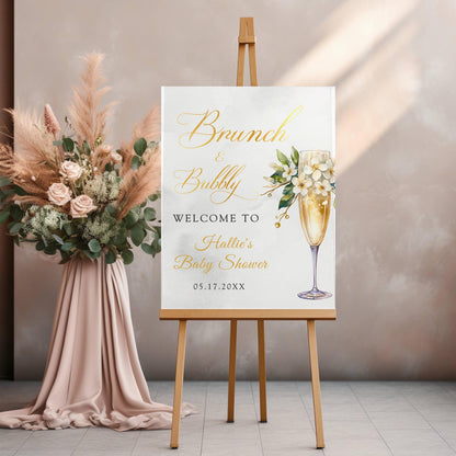 Printed Brunch and Bubbly Baby Shower Welcome Sign with Champagne Glass & Florals, Custom Foam Board for Mom, Elegant Gold Decor Poster