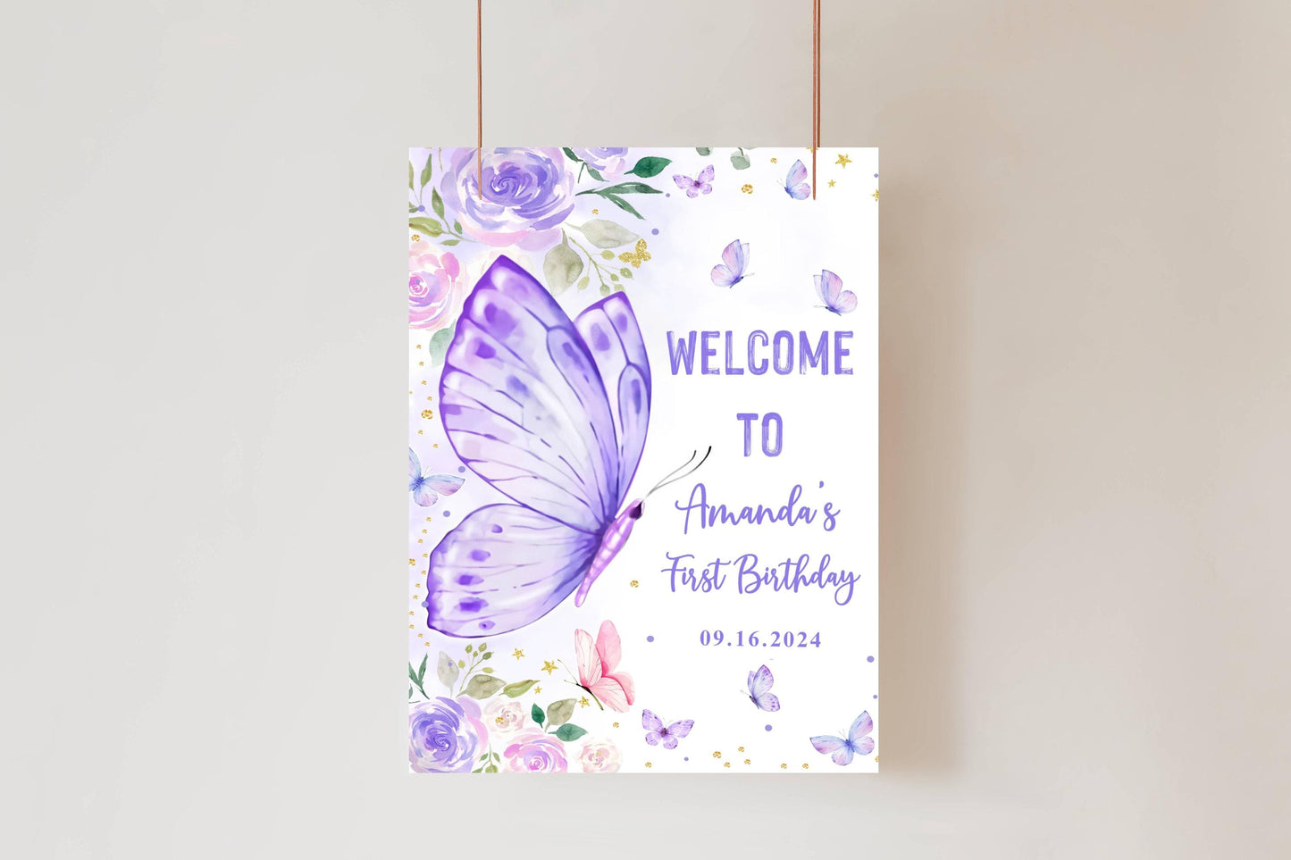 Printed Butterfly First Birthday Sign Foam Board, Purple Floral Welcome Poster, Custom Girl Party Decor, Whimsical Garden Theme Display