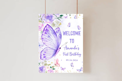 Printed Butterfly First Birthday Sign Foam Board, Purple Floral Welcome Poster, Custom Girl Party Decor, Whimsical Garden Theme Display