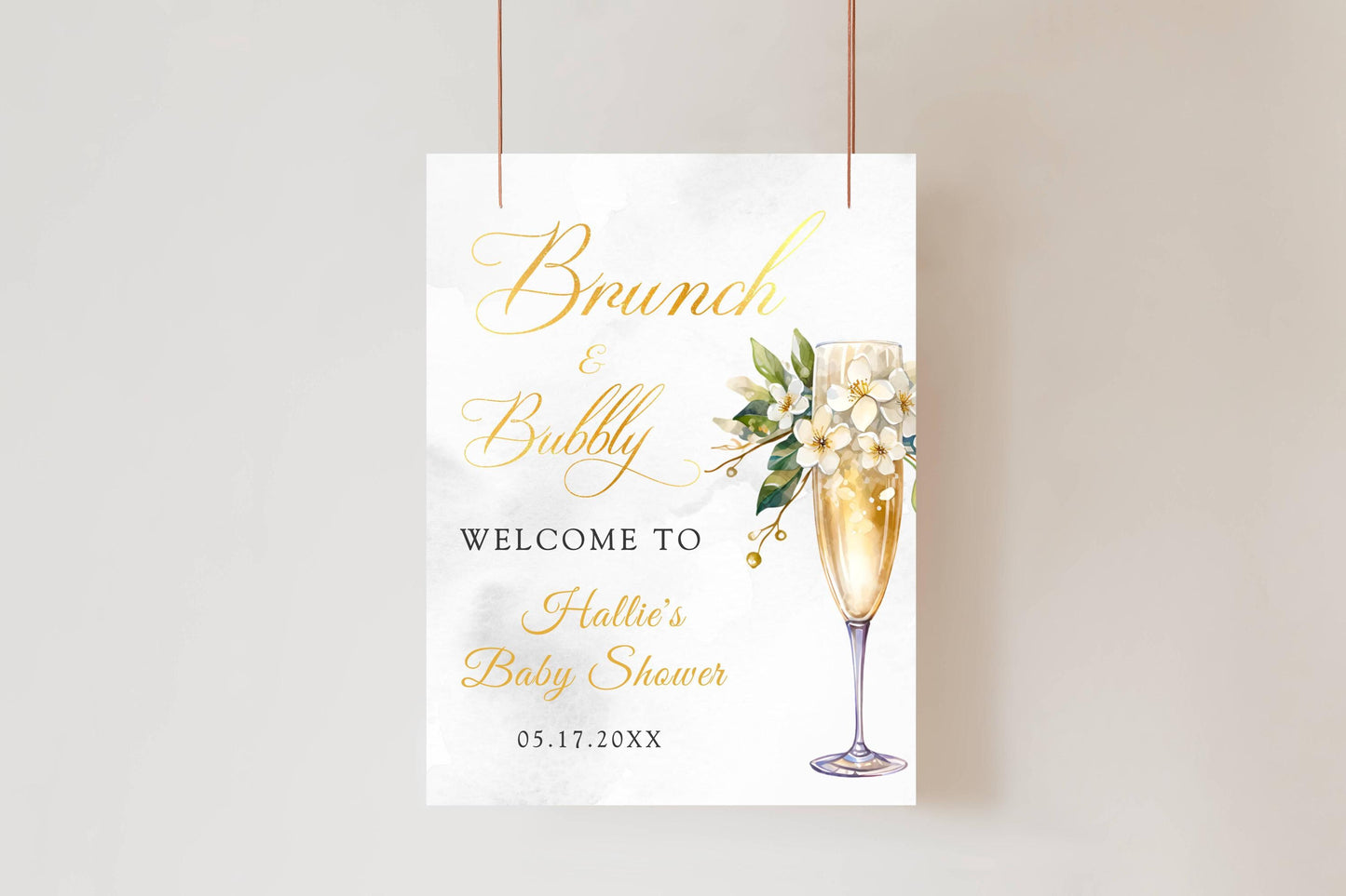 Printed Brunch and Bubbly Baby Shower Welcome Sign with Champagne Glass & Florals, Custom Foam Board for Mom, Elegant Gold Decor Poster