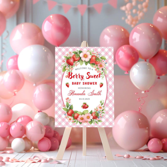 Printed Berry Sweet Baby Shower Foam Board Sign – Strawberry Theme Welcome, Personalized Baby Shower Decor, Girl Baby Shower Decoration