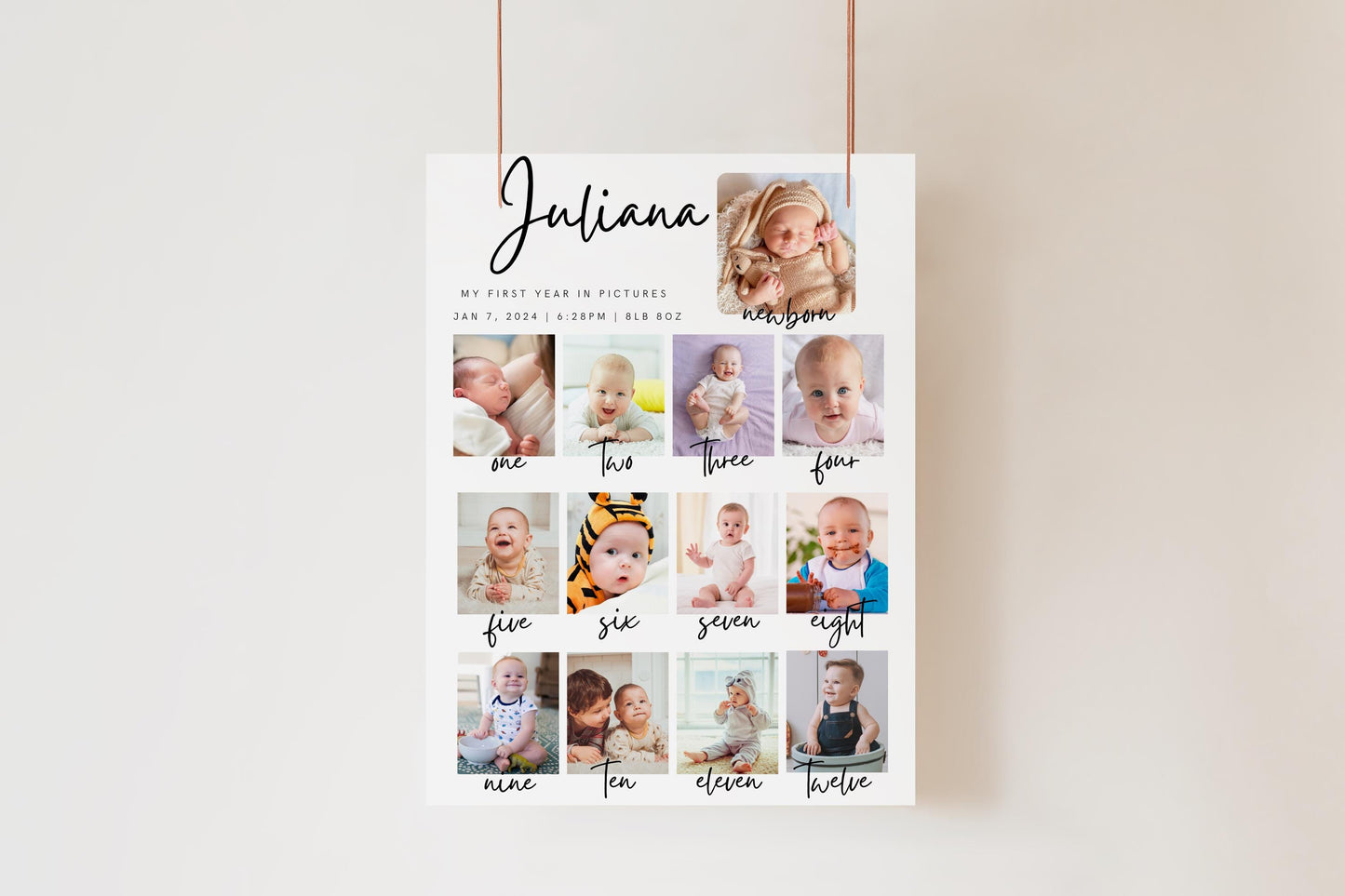 Printed First Year Photo Collage Foam Board Sign, Custom Baby Milestone Birthday Sign, Monthly Baby Photos Display, Personalized Party Decor