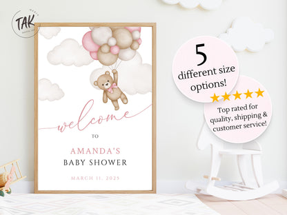 Baby Shower We Can Bearly Wait Baby Girl Foam Welcome Sign, Baby Balloon Bear, Printed Foam Board