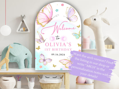 Printed Butterfly 1st Birthday Welcome Sign Foam Board Party Decor, Pink Purple Gold Glitter, Girl First Birthday Poster, Custom Welcome Art