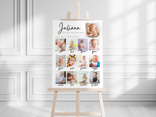 Printed First Year Photo Collage Foam Board Sign, Custom Baby Milestone Birthday Sign, Monthly Baby Photos Display, Personalized Party Decor