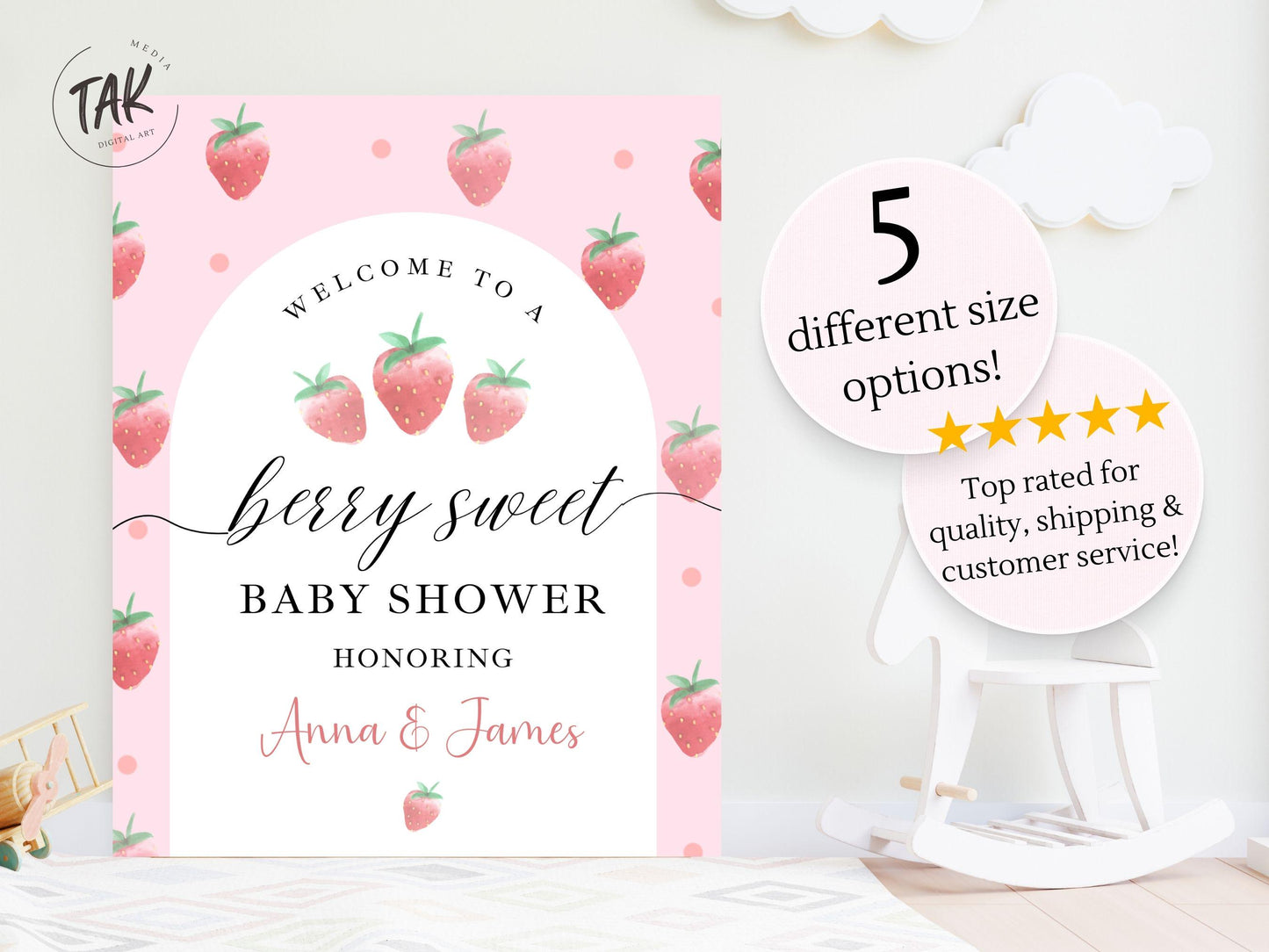 Printed Berry Sweet Baby Shower Welcome Sign with Strawberries, Custom Name Foam Board, Pink Summer Party Decor Sign, Berry Sweet Decor