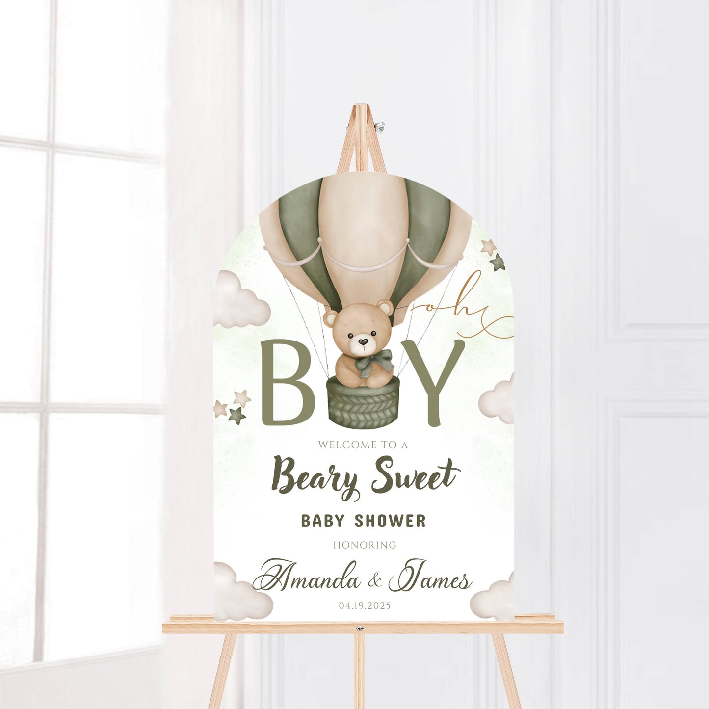 Printed Arch Beary Sweet Baby Shower Welcome Sign for Boy, Teddy Bear Hot Air Balloon Sage Theme, Custom Foam Board, Personal Neutral Decor