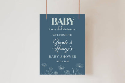 Printed Blue Baby in Bloom Baby Shower Welcome Sign with Wildflowers, Custom Name Foam Board, Modern Blue Baby Boy Decor, Personalized Sign
