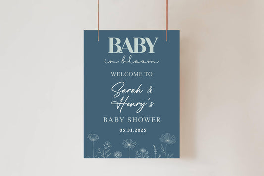 Printed Blue Baby in Bloom Baby Shower Welcome Sign with Wildflowers, Custom Name Foam Board, Modern Blue Baby Boy Decor, Personalized Sign